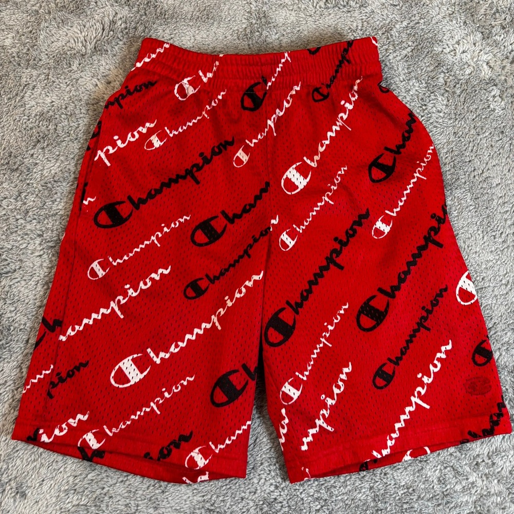 Champion Red Mesh Athletic Shorts All Over Logo Print Mens Medium